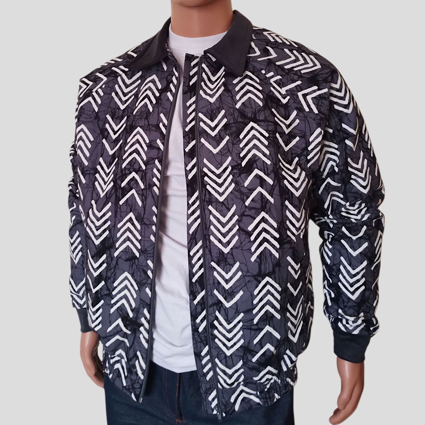 Ankara Bomber Jacket - Grey Tribal print