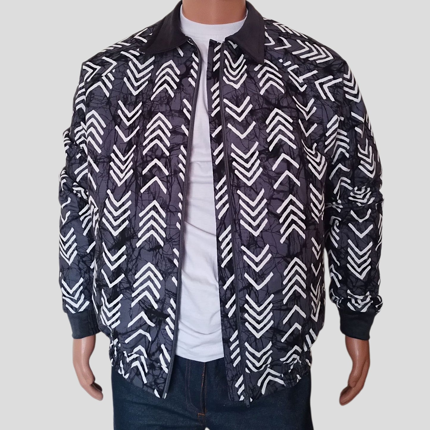 Ankara Bomber Jacket - Grey Tribal print